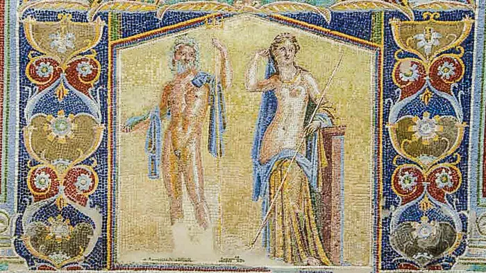 Mosaic in outdoor triclinium showing Neptune and Amphitrite, Herculaneum