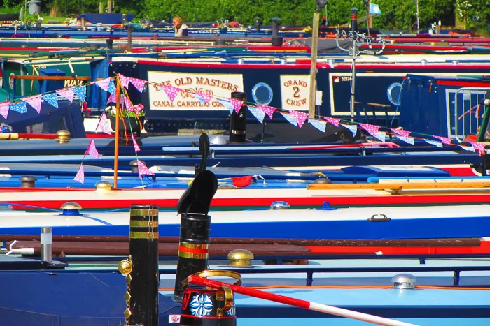 Collection of colourful canal boats